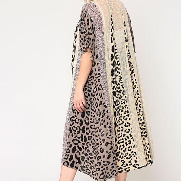 NEW! Gorgeous PLUS Animal Print and Lace Sheer Long Kimono Duster Kaftan Boho - Picture 2 of 6